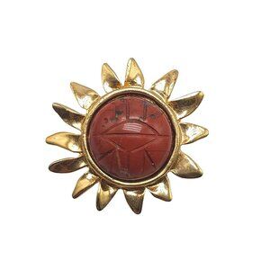 Vintage Gold Sunburst Brooch With Carved Carnelian Center